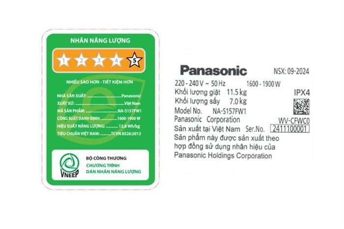 Máy giặt sấy Panasonic Inverter giặt 11.5 kg - sấy 7 kg NA-S157FW1BV